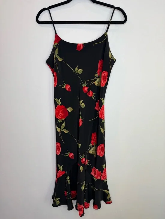 Jessica Black Slip Midi Dress with Red Rose Print chic romantic style 90's 12 - Picture 2 of 6